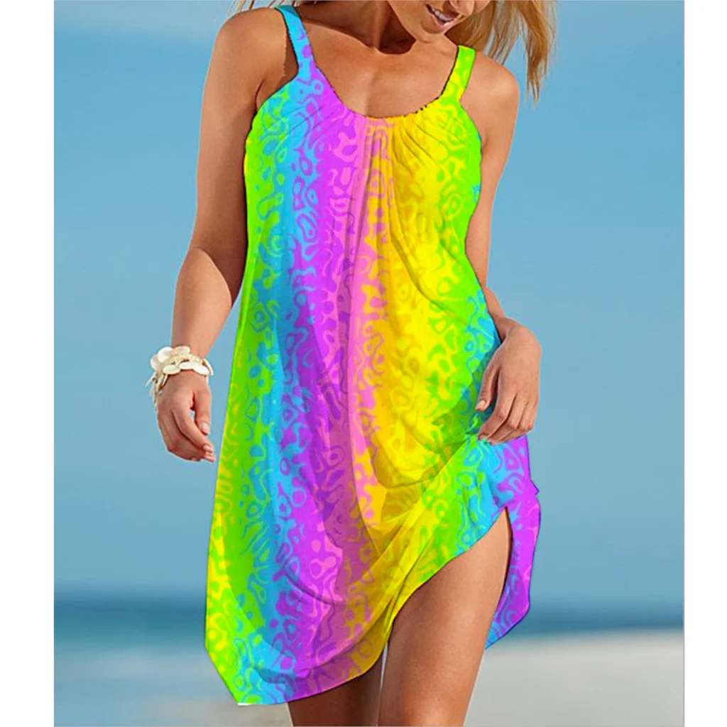 Rainbow Painting Print Women's Fashion Dress Midi Summer Sexy Beach Dress Bohemian Sleeveless Party Dresses Elegant Sundress Hem - Image 6