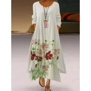 Floral Dress Max Casual Long Dresses Elegant Long Sleeve Dress Women Fashion Flower 3d Print Vestido Loose O-Neck Beach Sundress